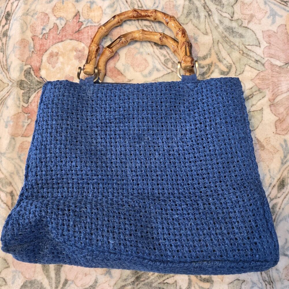 No Bad Vibes Purse - America & Beyond Small Tote Bag - Blue - Bamboo Handles - Picture 6 of 8